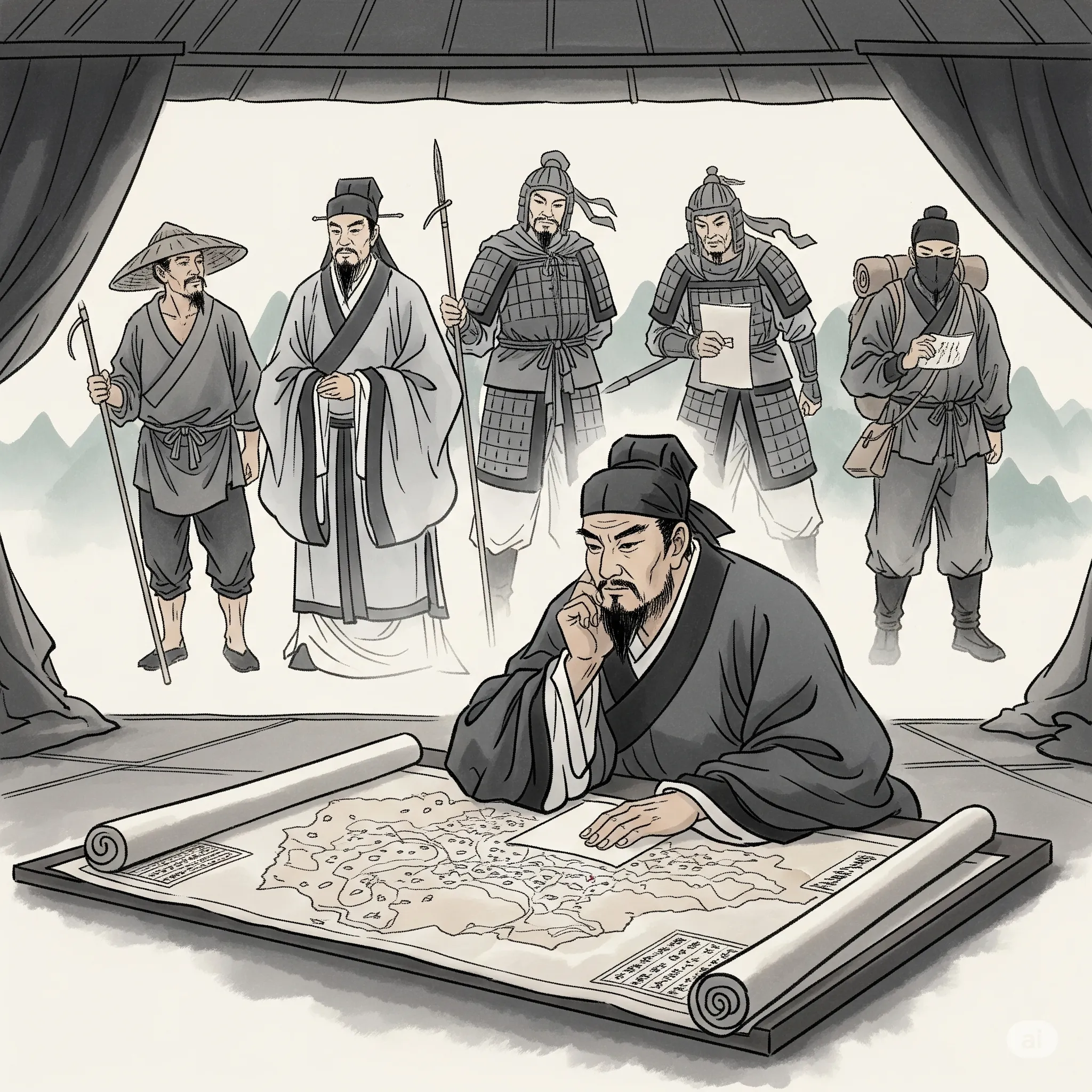Illustration of ancient Chinese scrolls representing Sun Tzu's The Art of War