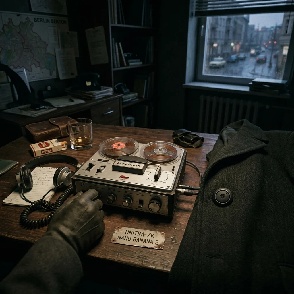 Surveillance technology like button cameras and a vintage listening device.