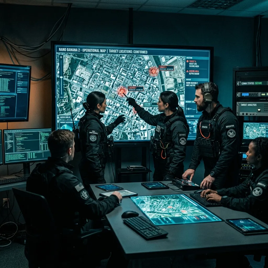 A tactical team rapidly analyzing geolocation data on a digital array in a covert command center.