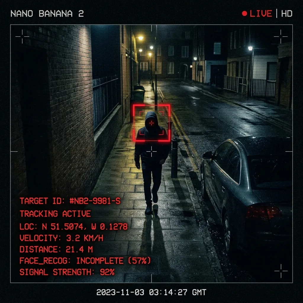 A digital crosshair locking onto a target walking down a dimly lit street, monitored from an unseen surveillance hub.