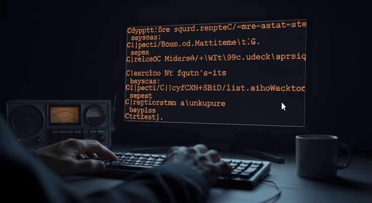 An encrypted message on a computer screen in a dark room.