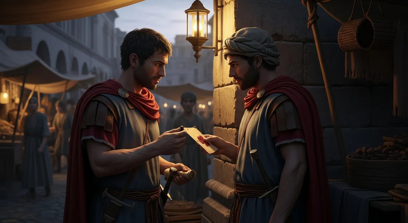 A depiction of Roman Speculatores in disguise, observing a Gallic settlement